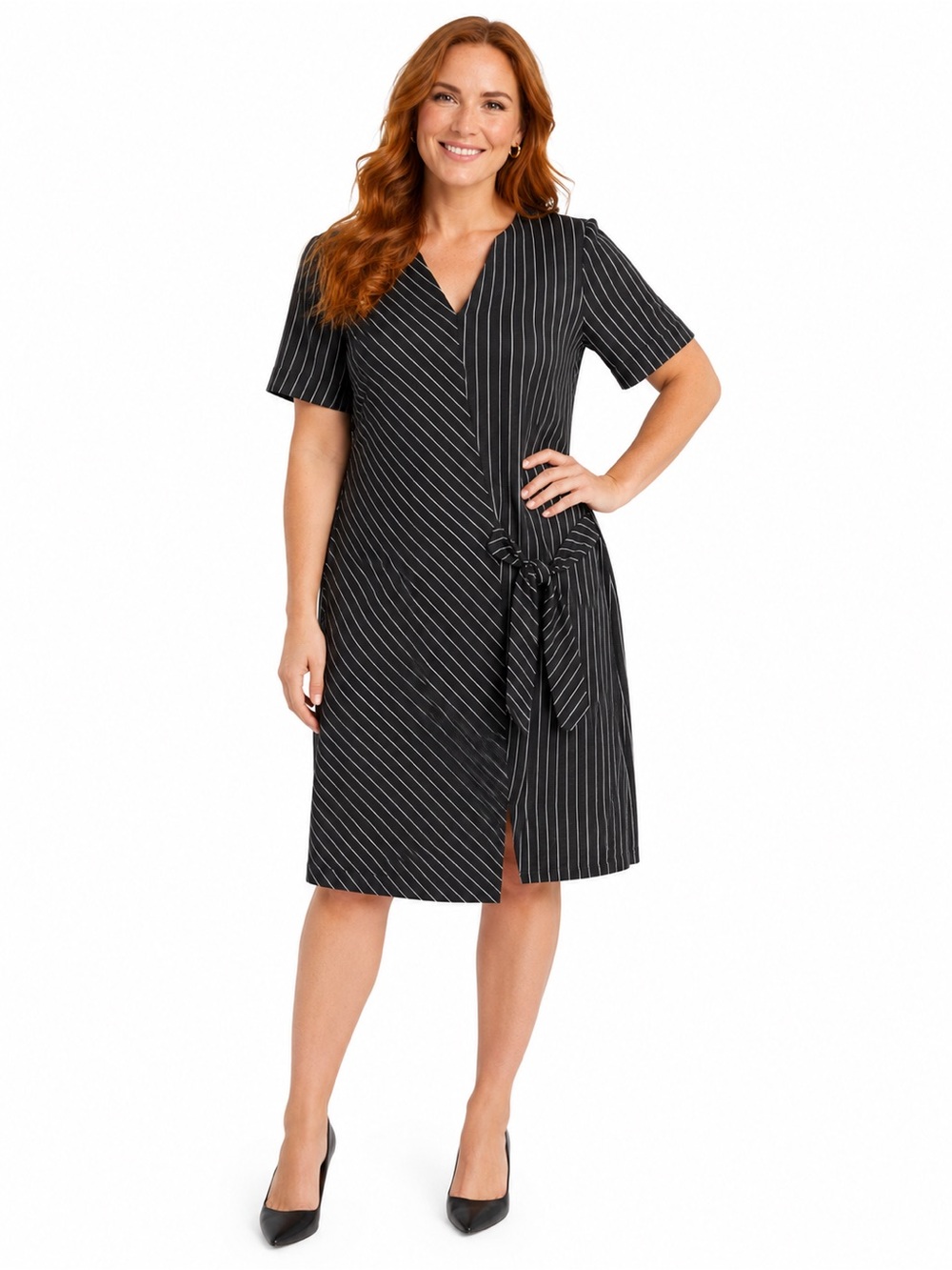 Striped Tie-Waist Black Dress